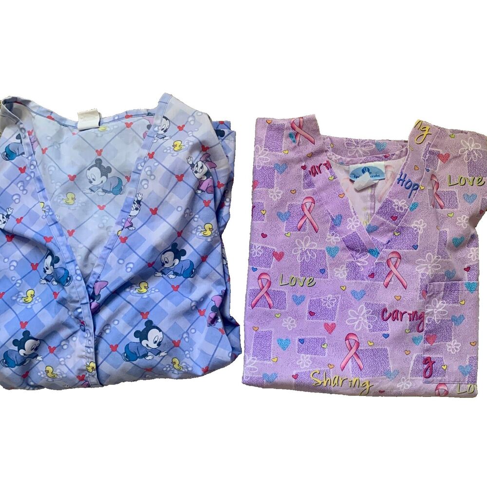 2pc Vintage Women's Pediatric Nursing Scrub Tops 3 XL Blue Mickey Pink Ribbons